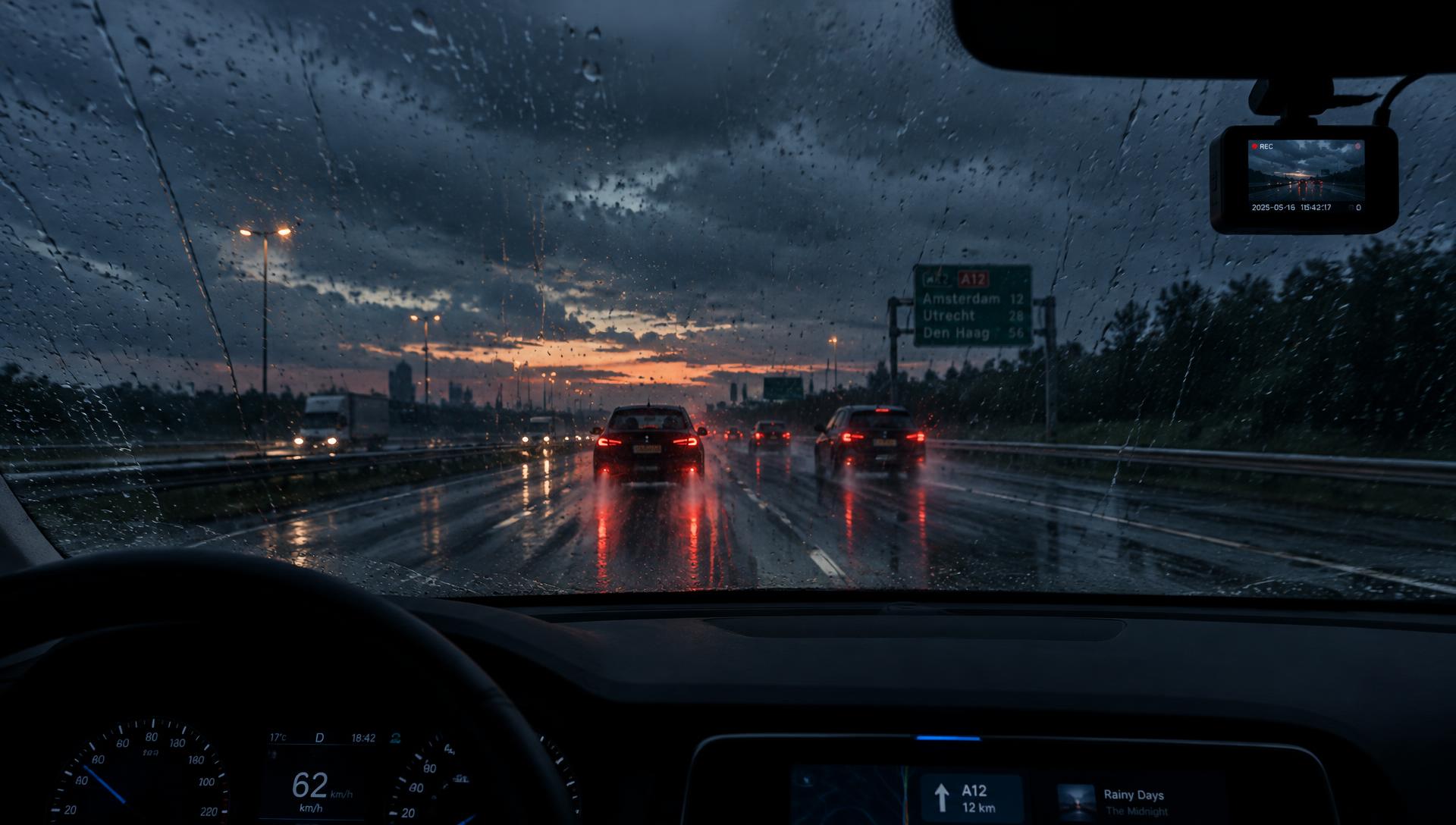 Widok z wnętrza samochodu na autostradę w deszczu, z wideorejestratorem na szybie